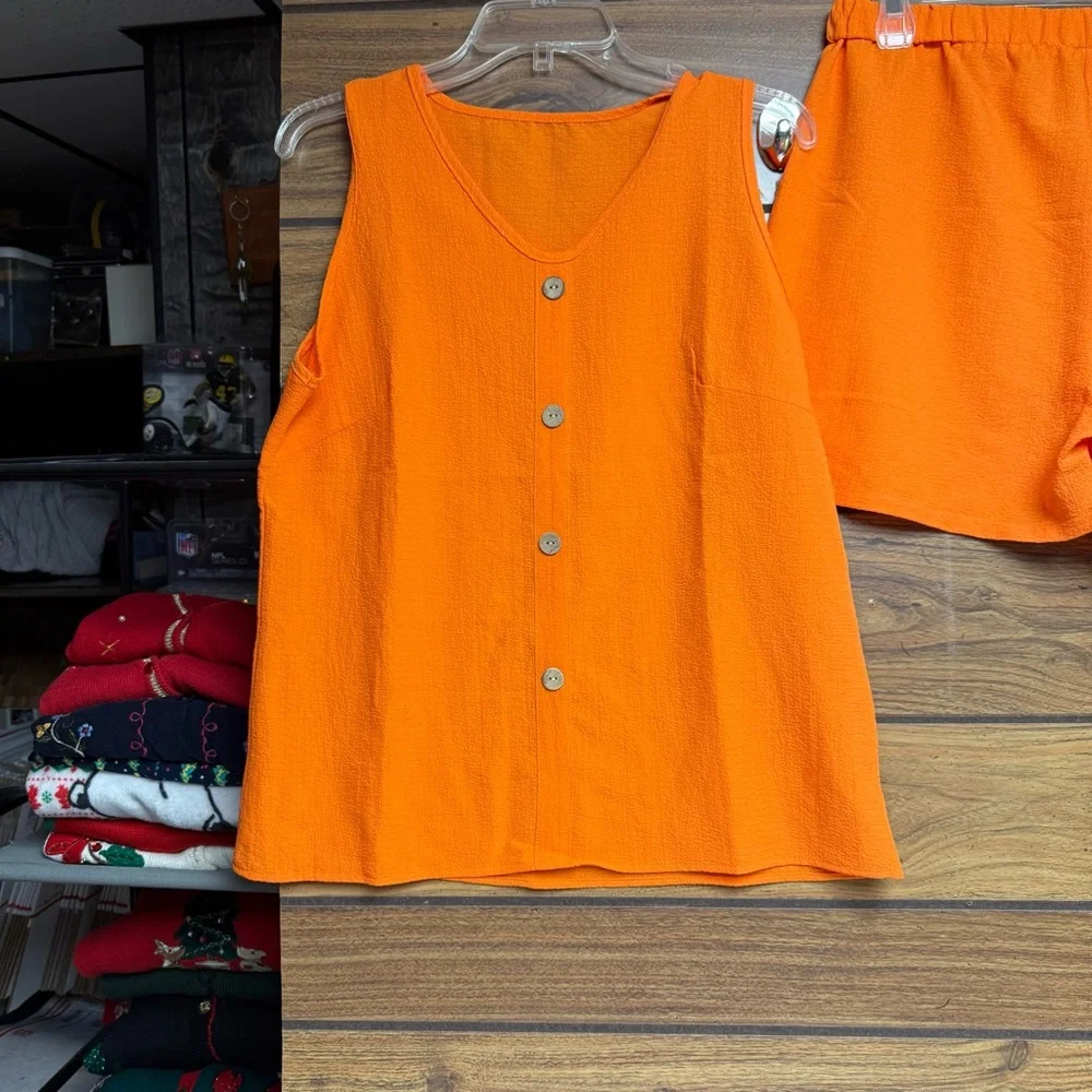 Temu size large Vibrant Orange faux Button-Up Tank and Shorts Set